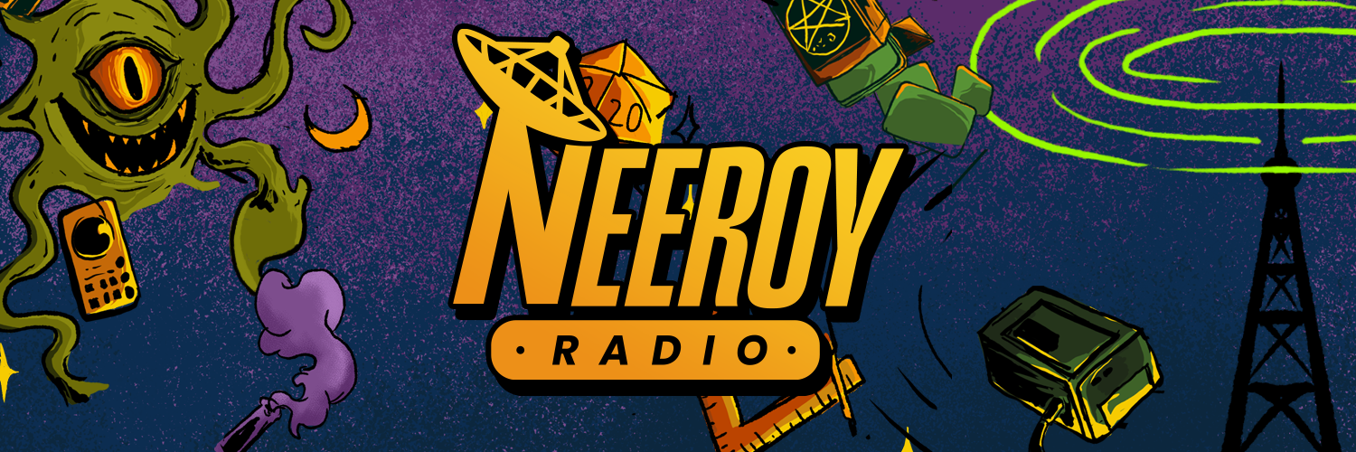 NeeRoy Radio illustrated banner featuring a one-eyed monster, dice, art supplies and a radio tower